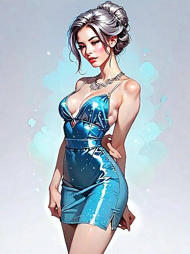 Realistic Comic-Style Woman in Metallic Blue Dress Full Body Illustration
