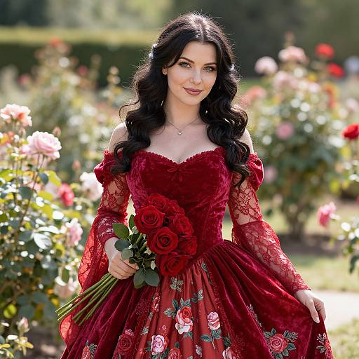 Elegant Woman in Red Velvet Dress Holding Roses in Rose Garden