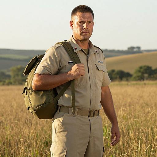 Man in Military Uniform with Backpack in Open Field