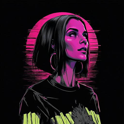 Neon Cyberpunk Portrait of Woman with Short Bob Haircut