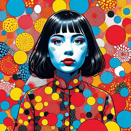 Colorful Abstract Portrait of Woman with Polka Dot Pattern Background