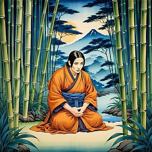 Contemplative Woman in Kimono in Bamboo Forest