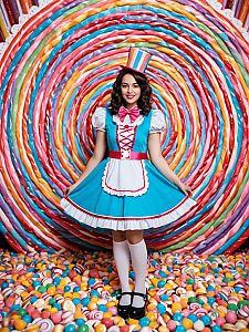 Woman in Colorful Candyland Cosplay Costume with Giant Lollipop Background