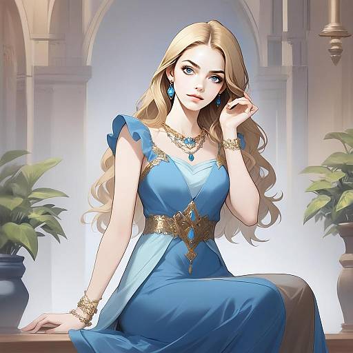 Elegant Blonde Woman in Blue Gown Digital Artwork with Fantasy Elements