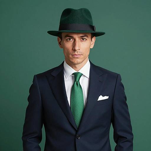 Man in Navy Suit and Green Tie with Fedora Hat