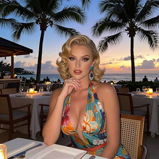 Glamorous Woman in Floral Dress at Tropical Beachfront Dinner Sunset