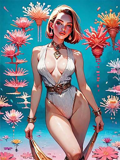 Realistic Digital Art of Woman in Coral Monokini with Floating Flowers