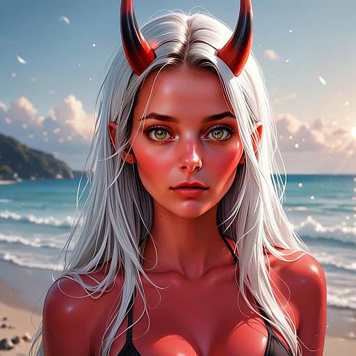 Fantasy Portrait of Red-Horned Woman on Beach - Digital Art