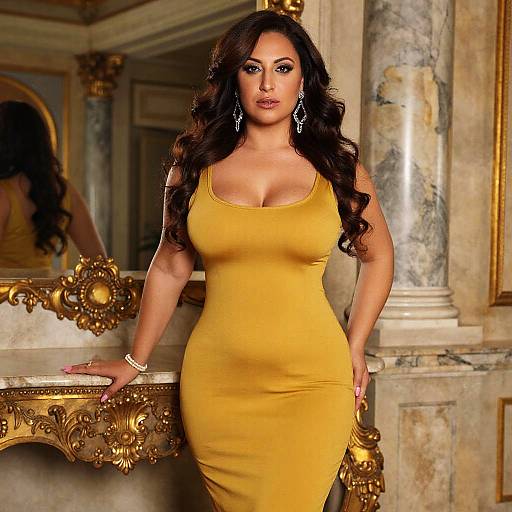 Elegant Woman in Mustard Yellow Dress in Luxury Interior