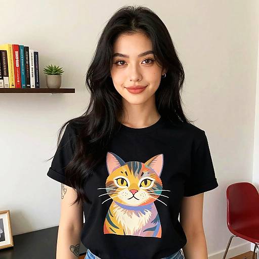 Young Woman Wearing Black T-Shirt with Colorful Cat Illustration