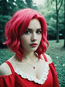 Young Woman with Pink Hair in Red Dress