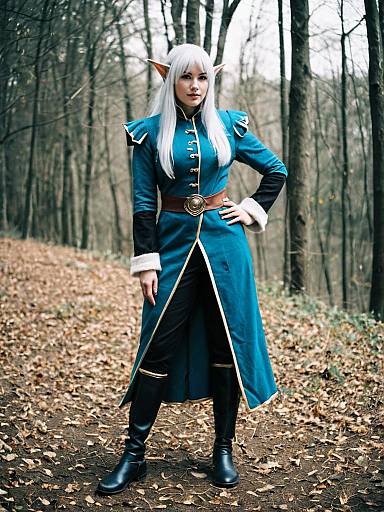 Fantasy Elf Woman Cosplay in Blue Medieval Coat in Forest
