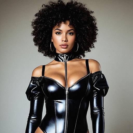Woman in Shiny Black Vinyl Off-Shoulder Bodysuit with Curly Hair