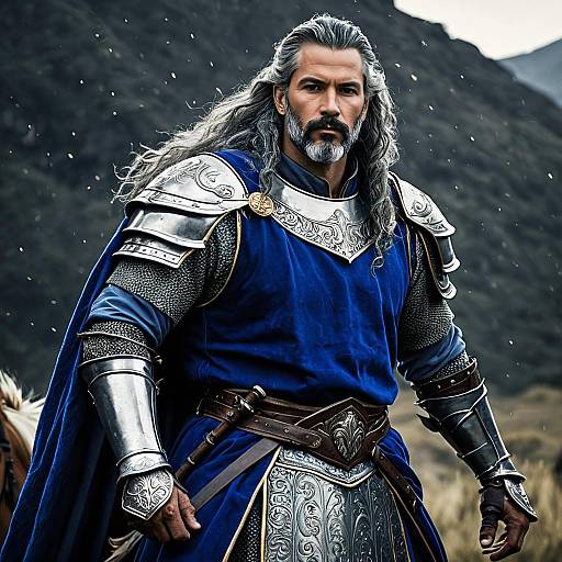 Medieval Knight in Ornate Armor with Blue Tunic in Mountain Landscape