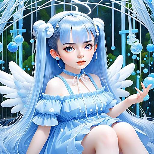 Amatsuka Uto Anime Girl with Blue Hair and Angel Wings Digital Art