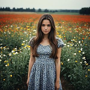 Young Woman in Contemporary Blue Floral Dress Standing in Wildflower Field