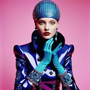 Futuristic Woman in Blue Outfit with Jeweled Headpiece