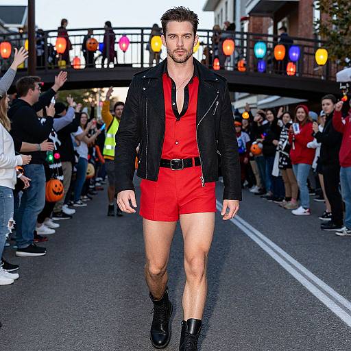 Man in Red Romper and Leather Jacket Walking on Halloween-Themed Street Runway