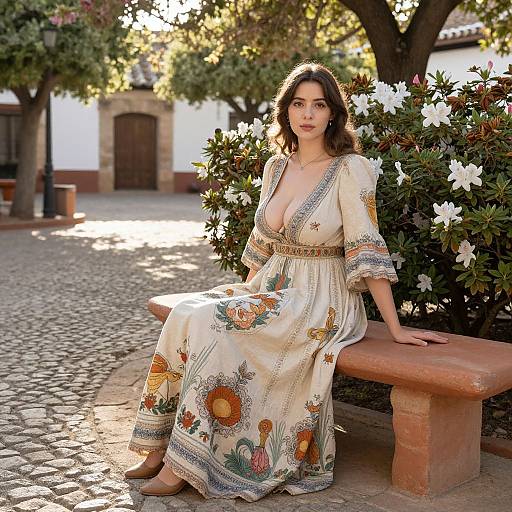 Woman in Floral Bohemian Dress Sitting on Stone Bench in Courtyard