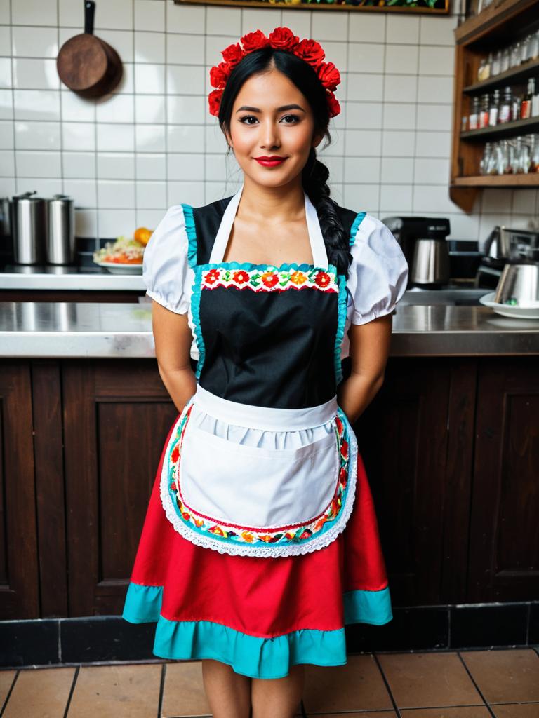 Woman in Traditional Mexican Waitress Costume Full Body Cosplay Photo with Apron