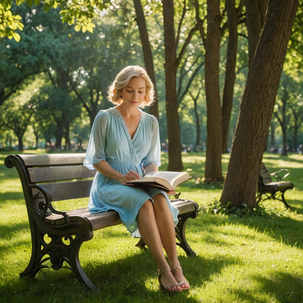 Woman in Elegant Blue Dress Reading in Park