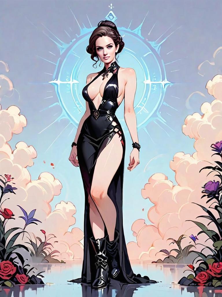 Dark Fantasy Woman in Elegant Black Dress Full Body Illustration