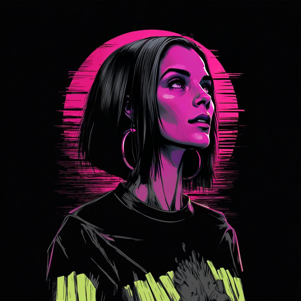 Neon Cyberpunk Portrait of Woman with Short Bob Haircut