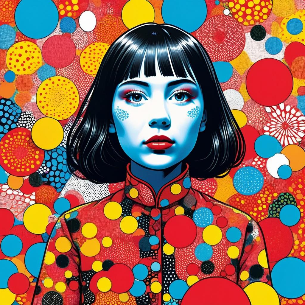 Colorful Abstract Portrait of Woman with Polka Dot Pattern Background