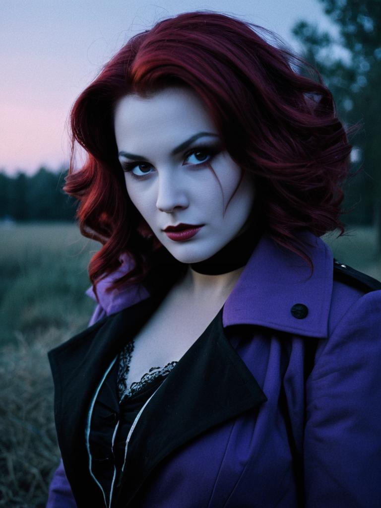 Woman in Facialier Cosplay Photorealistic Outdoor Portrait at Twilight