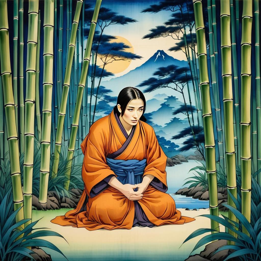 Contemplative Woman in Kimono in Bamboo Forest Contemplative Woman in Kimono in Bamboo Forest