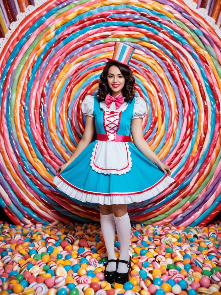 Woman in Colorful Candyland Cosplay Costume with Giant Lollipop Background