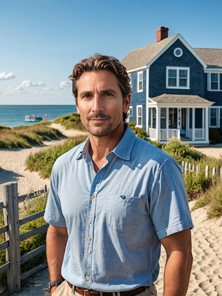 Man in front of classic Martha's Vineyard house with beach view