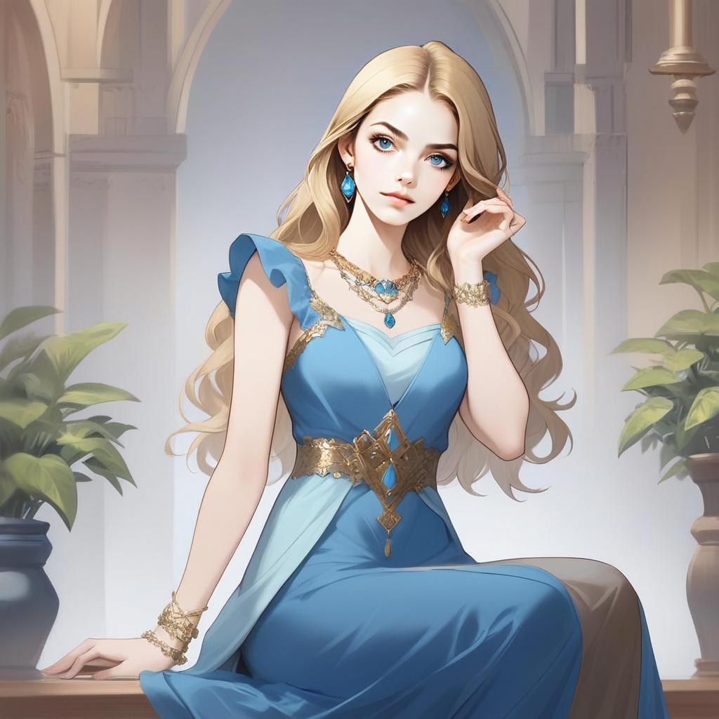 Elegant Blonde Woman in Blue Gown Digital Artwork with Fantasy Elements