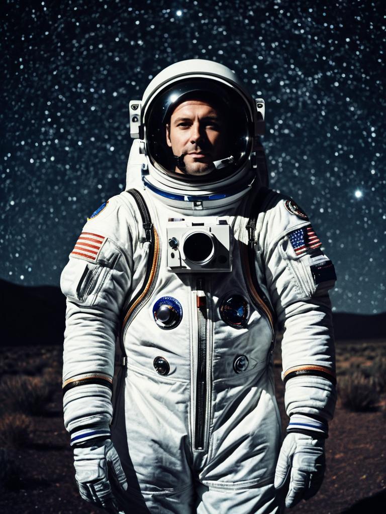 Man in Astronaut Costume Photorealistic Outdoor Portrait with Starry Night Sky