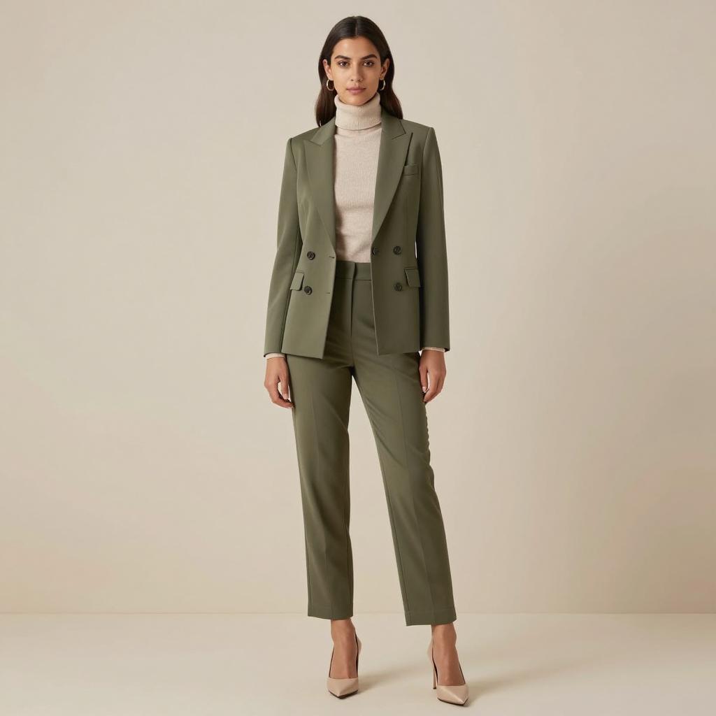 Modern Olive Green Tailored Pantsuit with Beige Turtleneck for Women