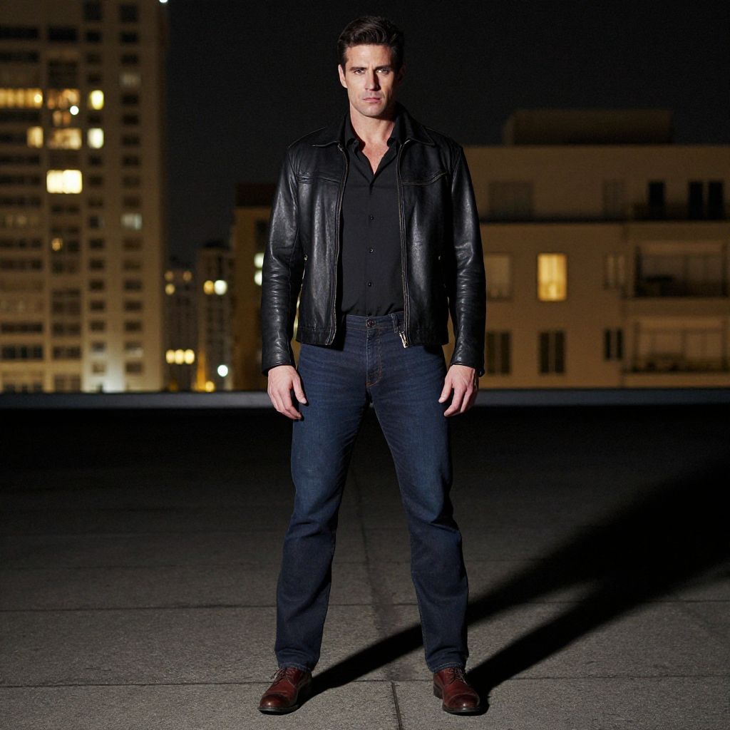 Confident Man in Black Leather Jacket Standing on Urban Rooftop at Night