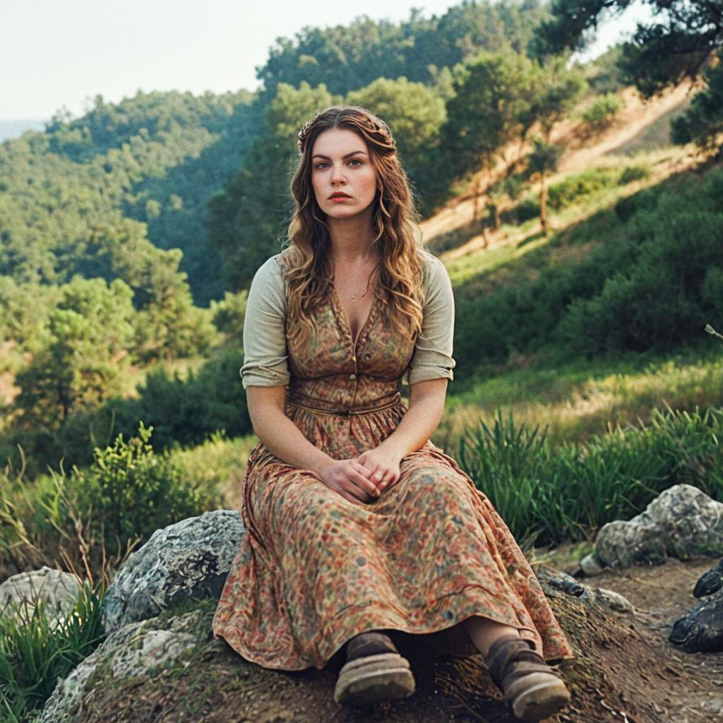 Woman in Vintage Floral Dress in Serene Outdoor Setting