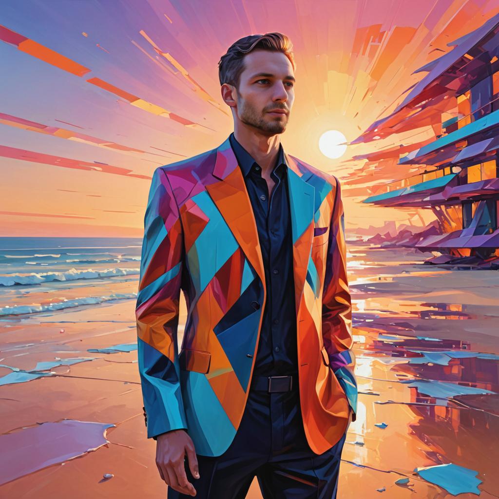 Man on Beach at Sunset in Artistic Blazer