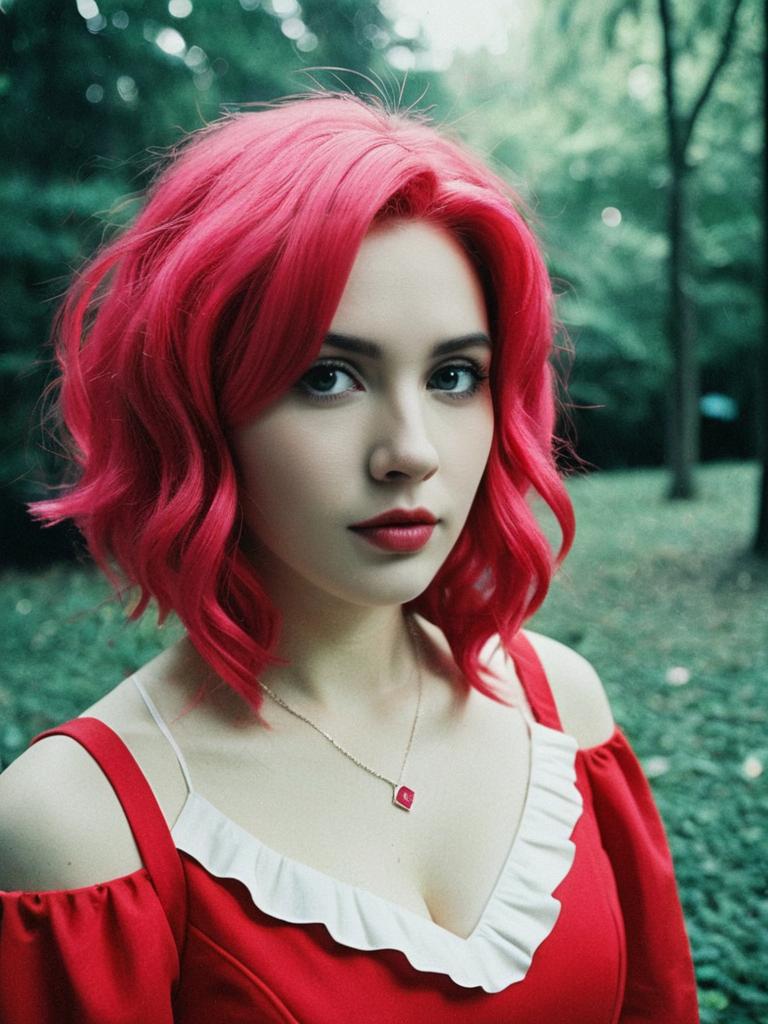 Young Woman with Pink Hair in Red Dress