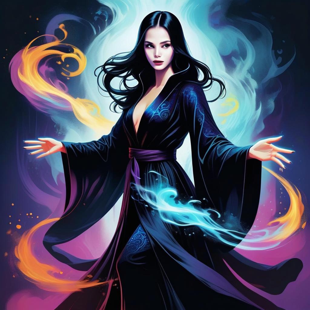 Woman in Dark Robe with Elemental Flames