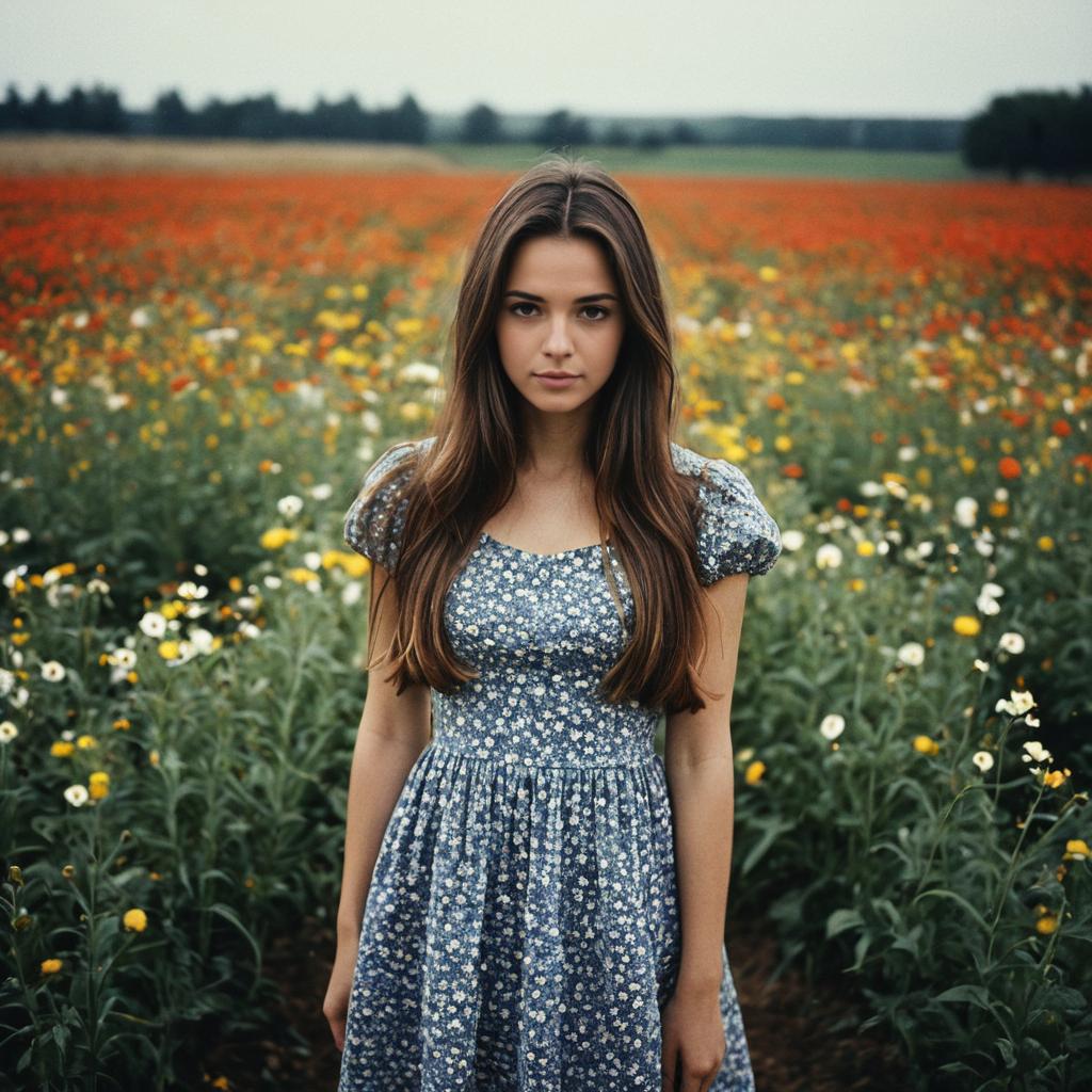 Young Woman in Contemporary Blue Floral Dress Standing in Wildflower Field