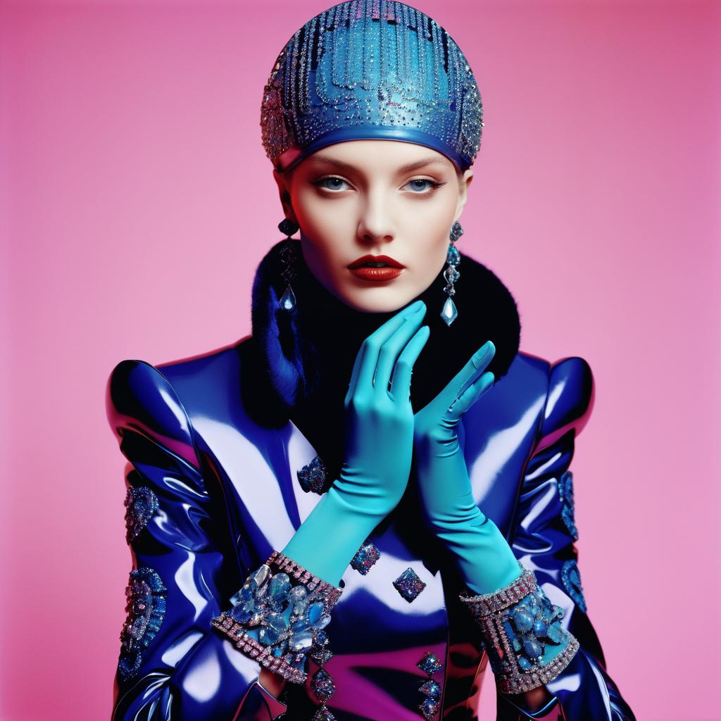 Futuristic Woman in Blue Outfit with Jeweled Headpiece Futuristic Woman in Blue Outfit with Jeweled Headpiece