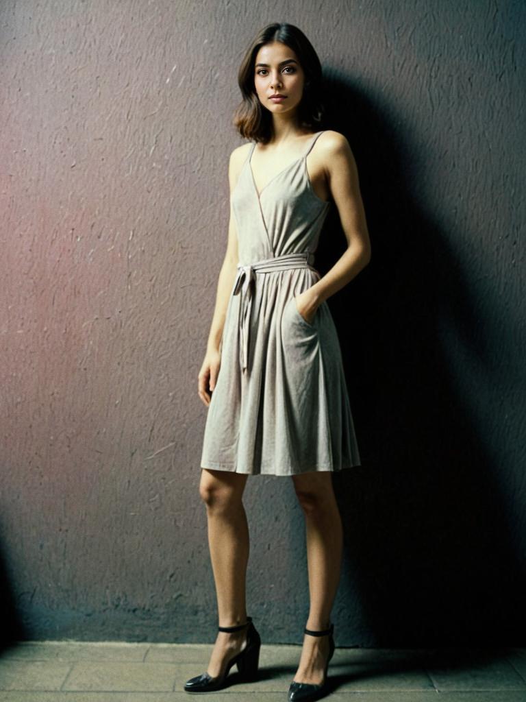 Confident Woman in Stylish Dress Against Textured Wall