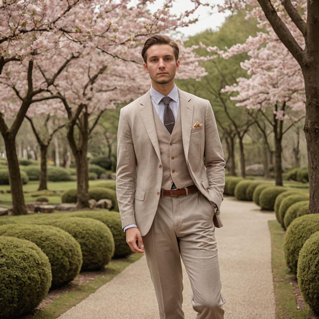 Man in Beige Suit Among Cherry Blossoms