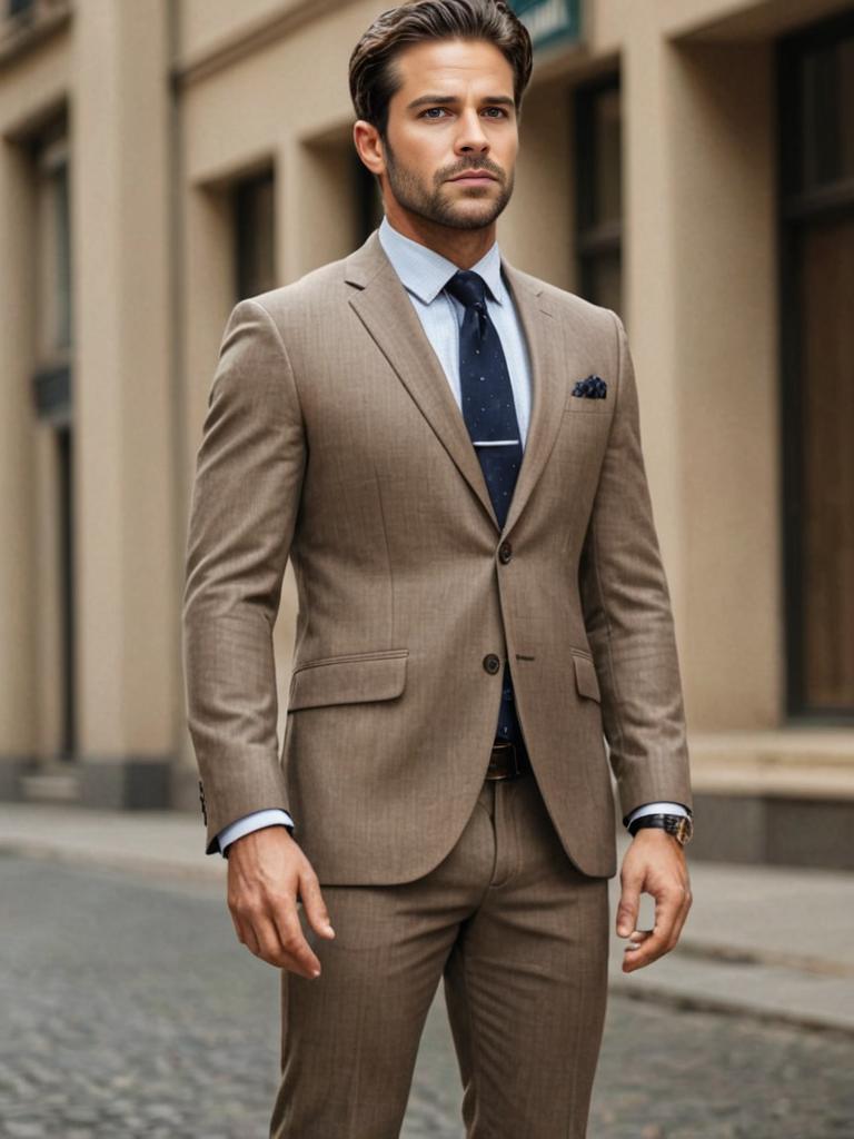 Stylish Man in Beige Suit with Blue Tie in Urban Setting