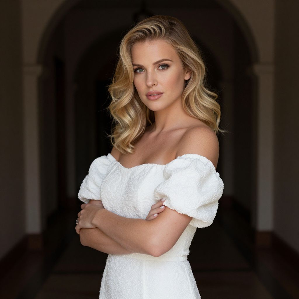 Elegant Woman in White Off-Shoulder Dress Portrait vllm26042403471vnu