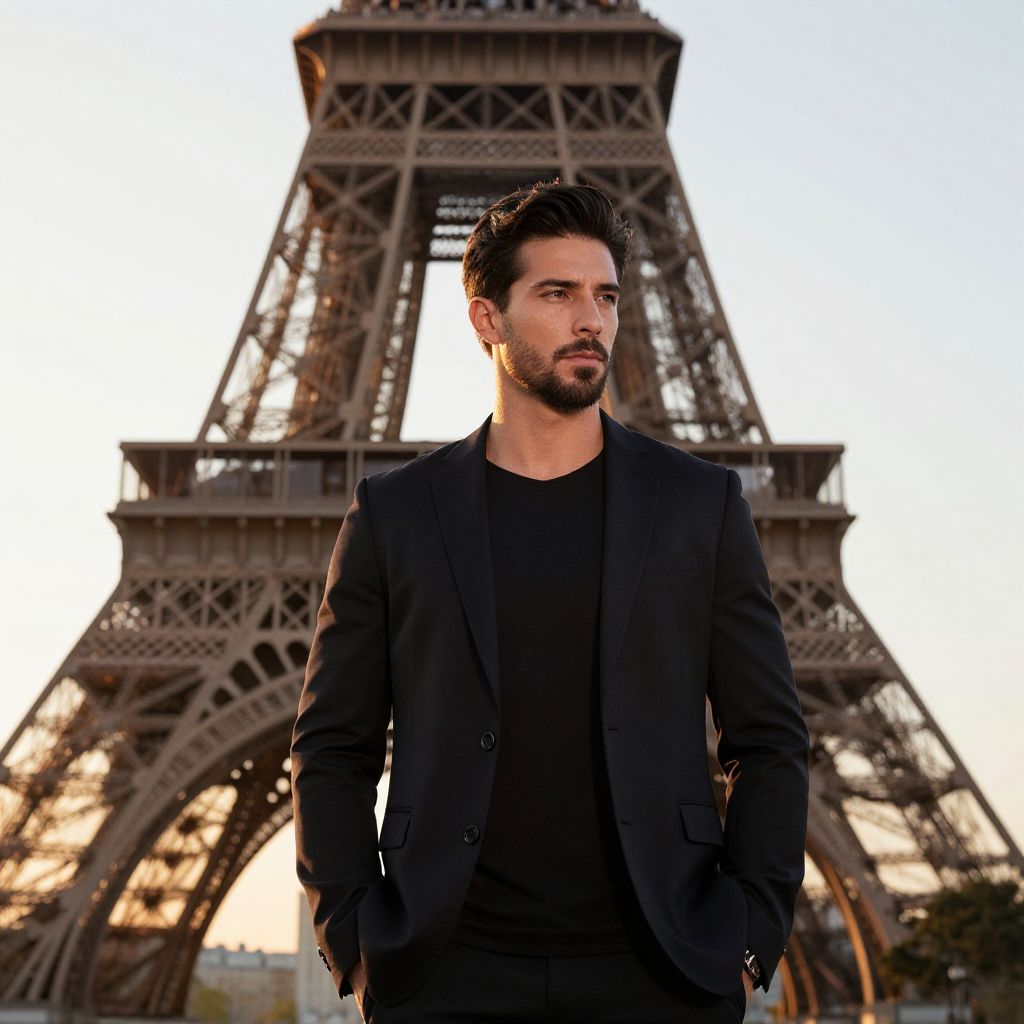 Man in Black Blazer Posing Near Eiffel Tower at Golden Hour