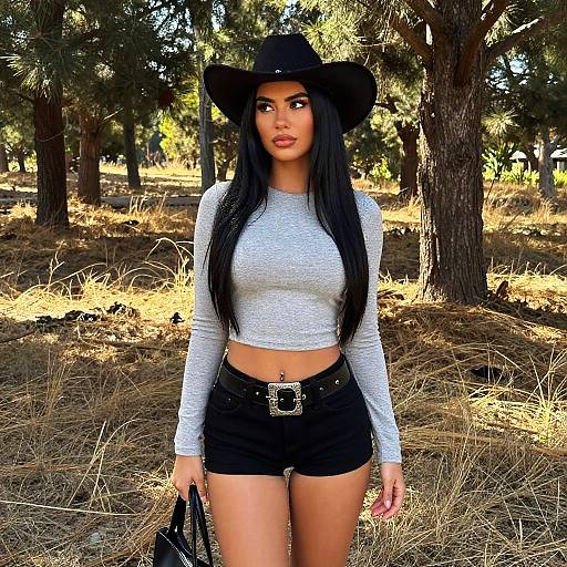 Stylish Woman in Cowboy Hat and Crop Top Outdoors in Forest