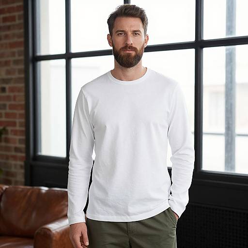 Bearded Man in White Long Sleeve T-Shirt in Modern Industrial Room