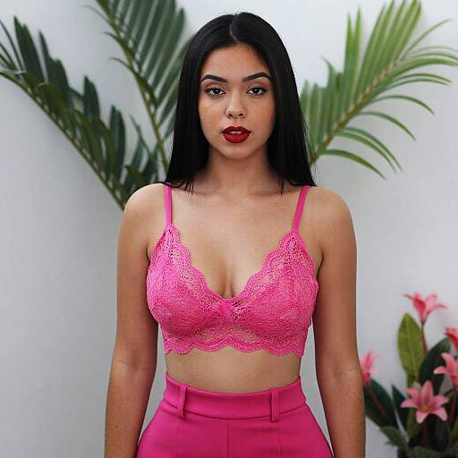 Young Woman in Pink Lace Bralette and High-Waisted Trousers Fashion Portrait